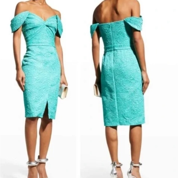 Tadashi Shoji Off-Shoulder Jacquard Cocktail Dress Jasmine Green Size 8 - Picture 3 of 8